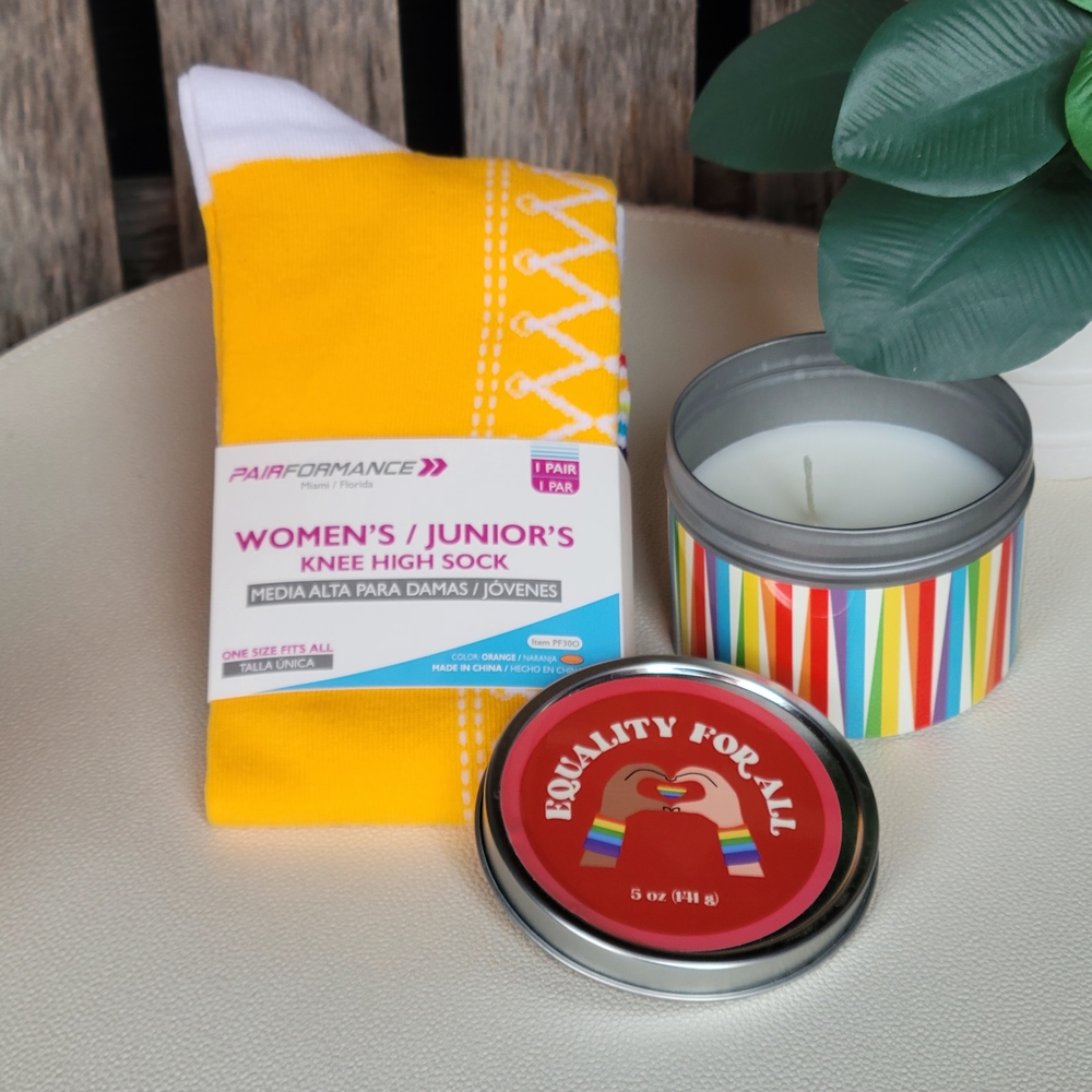 Equality Candle & Striped Socks - White and Yellow